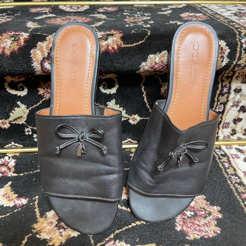 Woman’s COACH 9.5 LEATHER Black Tassel Slide Sandal Slip On - Picture 3 of 16